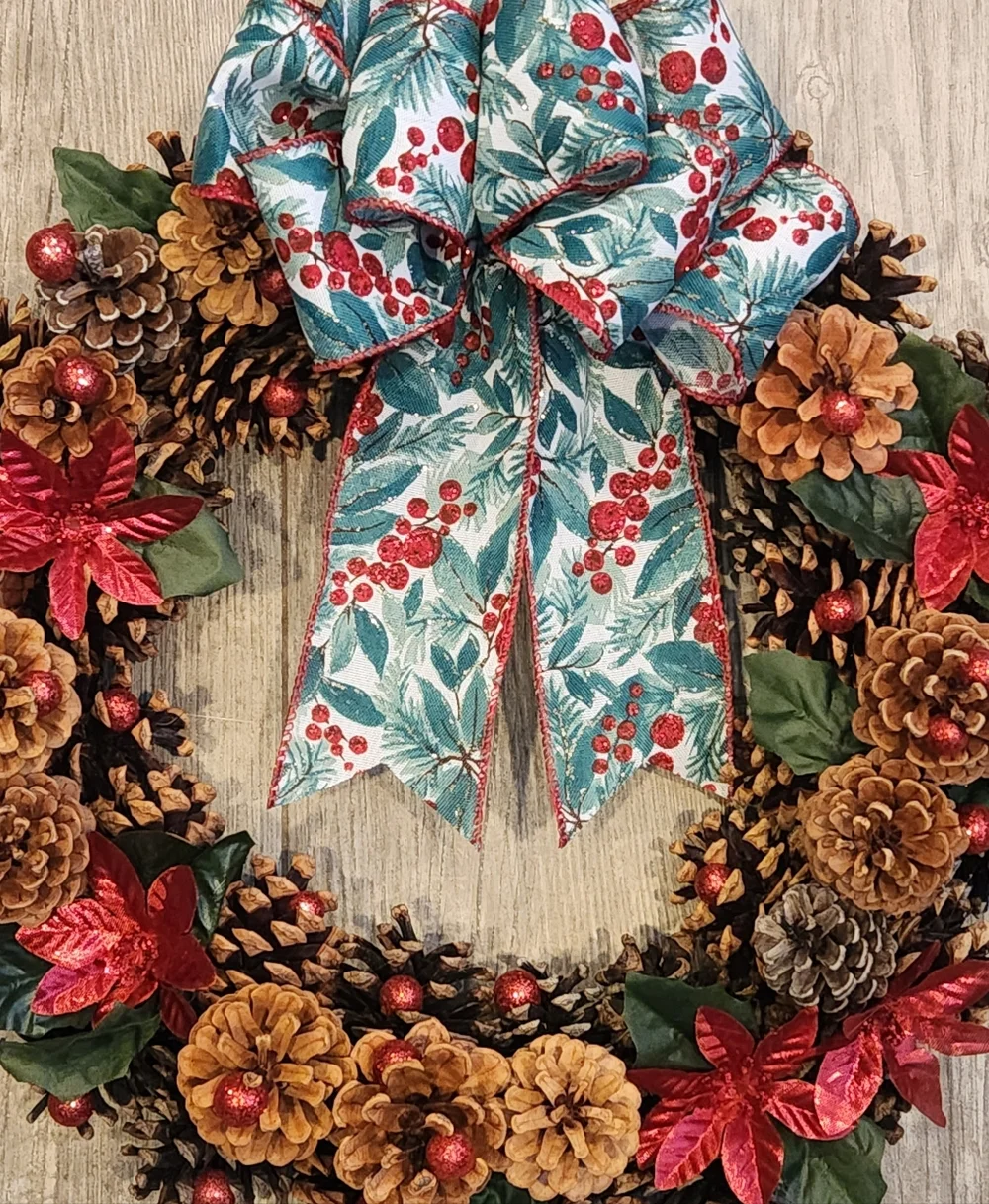 Red Poinsettia & Winter Greens Pinecone Wreath